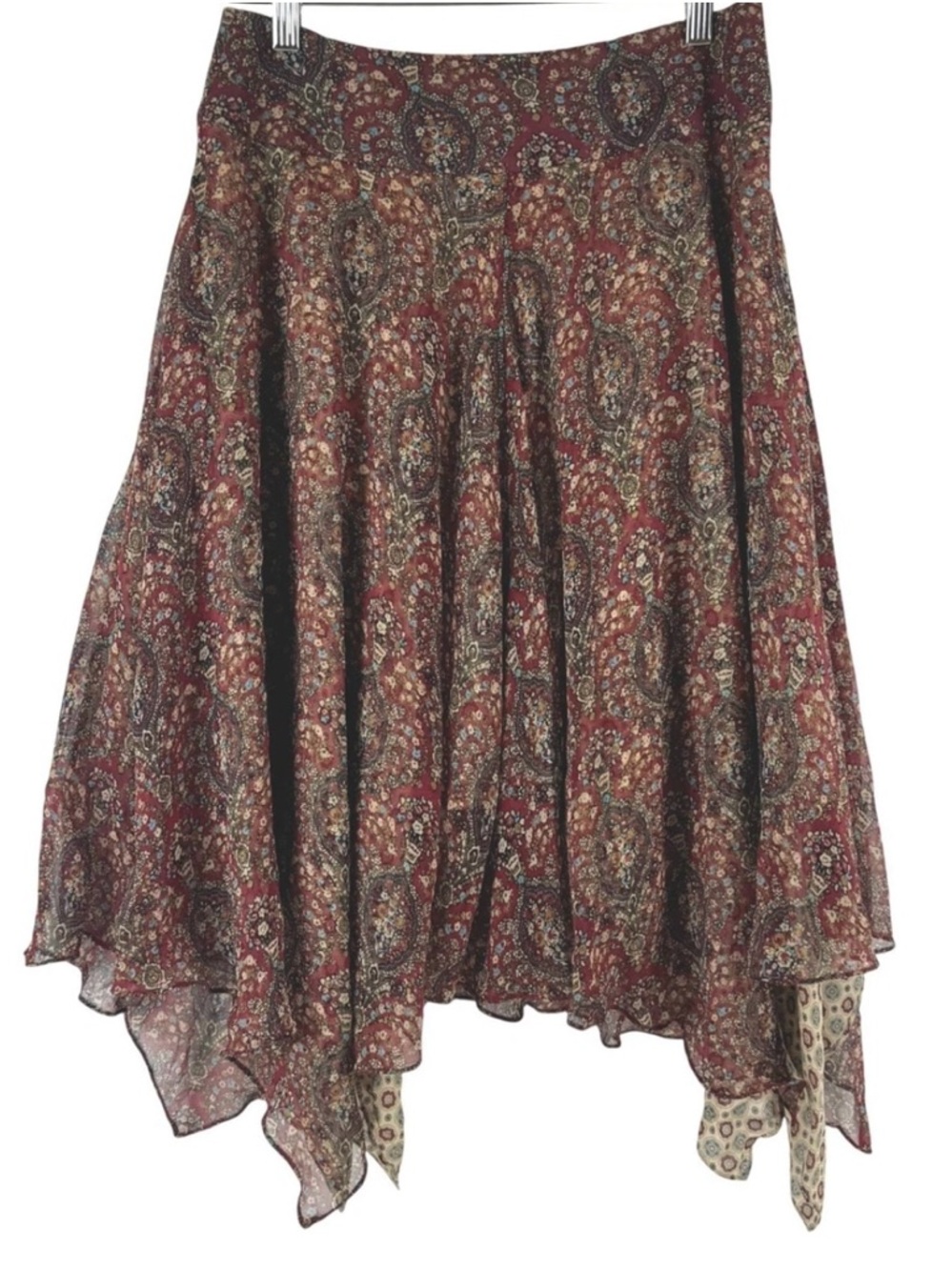 100% Silk Anne Klein Burgundy Paisley  Midi Layered Handkerchief Hem Skirt.16W